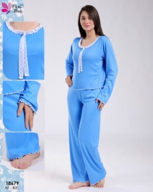 Flora Mode Pyjama haut dentelle et pantalon – Réf 18679 – Bleu