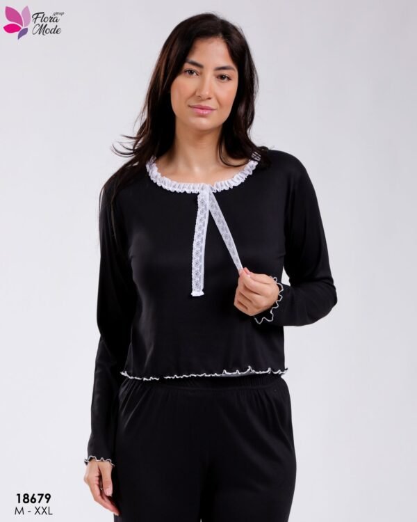 Flora Mode Pyjama haut dentelle et pantalon – Réf 18679 – Noir