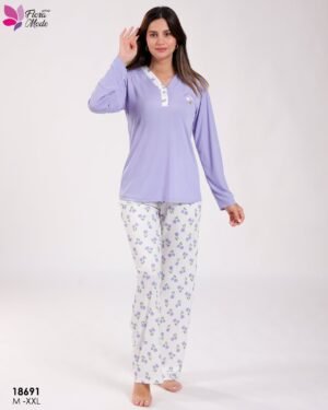 Flora Mode Pyjama haut col V et pantalon imprimé tulipes – Réf 18691 – Lilas