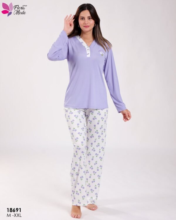 Flora Mode Pyjama haut col V et pantalon imprimé tulipes – Réf 18691 – Lilas
