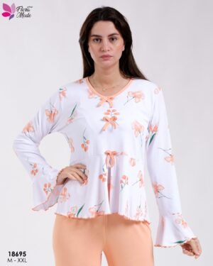 Flora Mode Pyjama haut fleuri à nœuds et pantalon – Réf 18695 – Pêche
