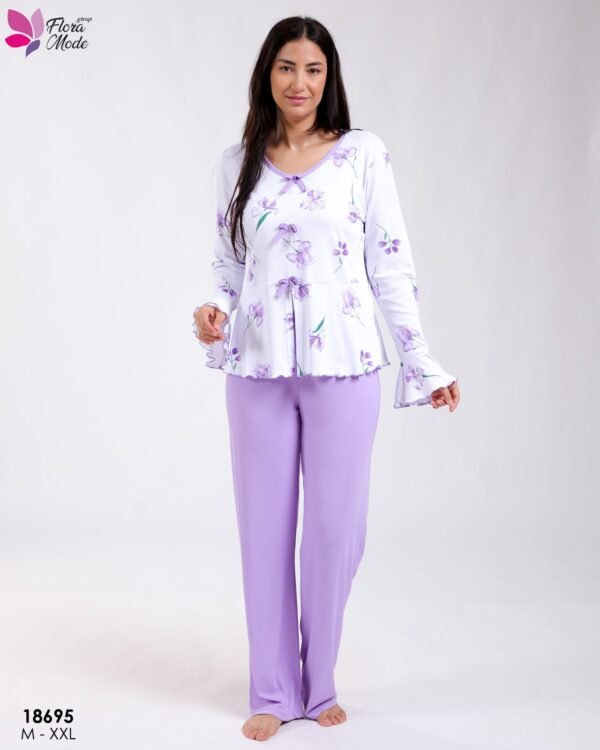 Flora Mode Pyjama haut fleuri à nœuds et pantalon – Réf 18695 – Lilas
