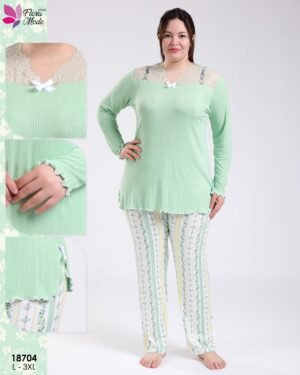 Flora Mode Pyjama haut dentelle et pantalon rayé fleuri grande taille – Réf 18704 – Vert