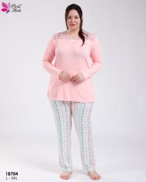 Flora Mode Pyjama haut dentelle et pantalon rayé fleuri grande taille – Réf 18704 – Rose pêche