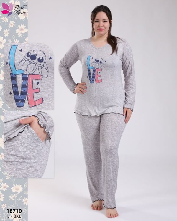 Flora Mode Pyjama imprimé LOVE grande taille – Réf 18710 – Gris