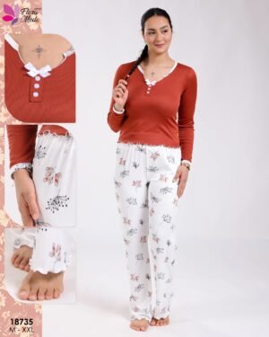 Flora Mode Pyjama haut col V et pantalon imprimé libellules – Réf 18735 – Brique