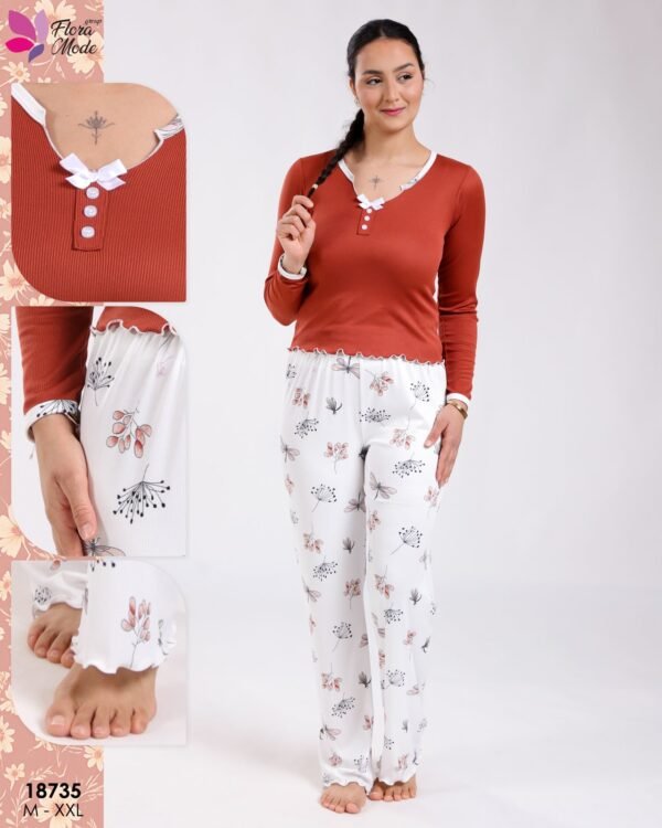 Flora Mode Pyjama haut col V et pantalon imprimé libellules – Réf 18735 – Brique