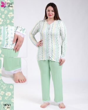 Flora Mode Pyjama boutonné rayé fleuri et pantalon dentelle grande taille – Réf 18761 – Vert
