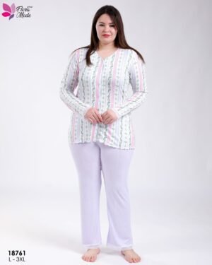 Flora Mode Pyjama boutonné rayé fleuri et pantalon dentelle grande taille – Réf 18761 – Lilas