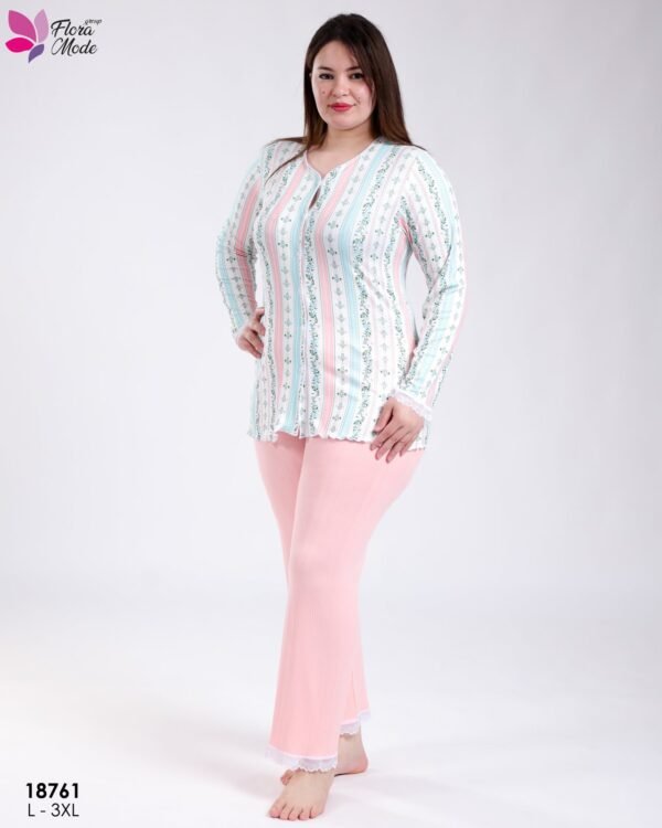 Flora Mode Pyjama boutonné rayé fleuri et pantalon dentelle grande taille – Réf 18761 – Rose