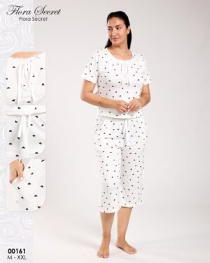 Flora Secret Pyjama pantacourt – Réf 00161 – Blanc cœurs noirs