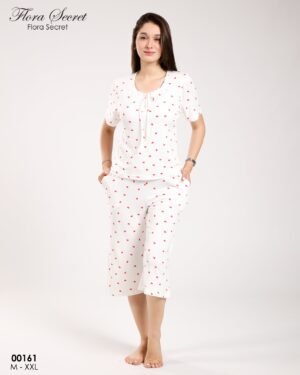 Flora Secret Pyjama pantacourt – Réf 00161 – Blanc cœurs rouges