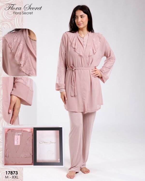 Flora Secret Ensemble pyjama et peignoir dentelle 3 pièces – Réf 17873 – Vieux rose