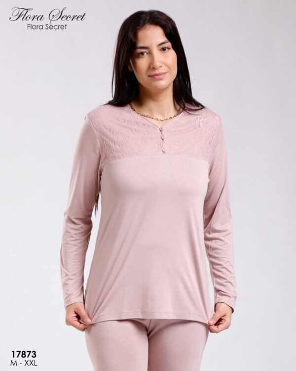 Flora Secret Ensemble pyjama et peignoir dentelle 3 pièces – Réf 17873 – Rose poudré