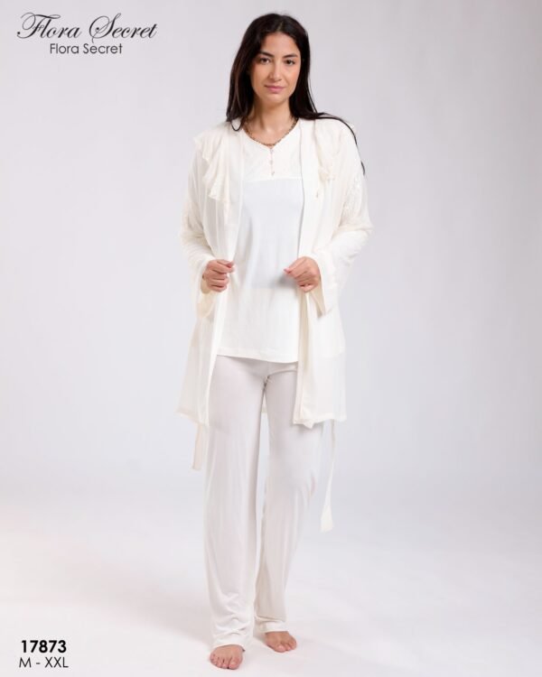 Flora Secret Ensemble pyjama et peignoir dentelle 3 pièces – Réf 17873 – Écru