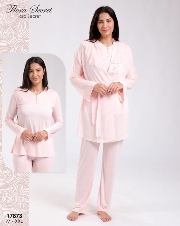 Flora Secret Ensemble pyjama et peignoir dentelle 3 pièces – Réf 17873 – Rose pâle