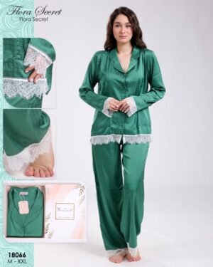 Flora Secret Pyjama satin jacquard dentelle en coffret – Réf 18066 – Vert émeraude