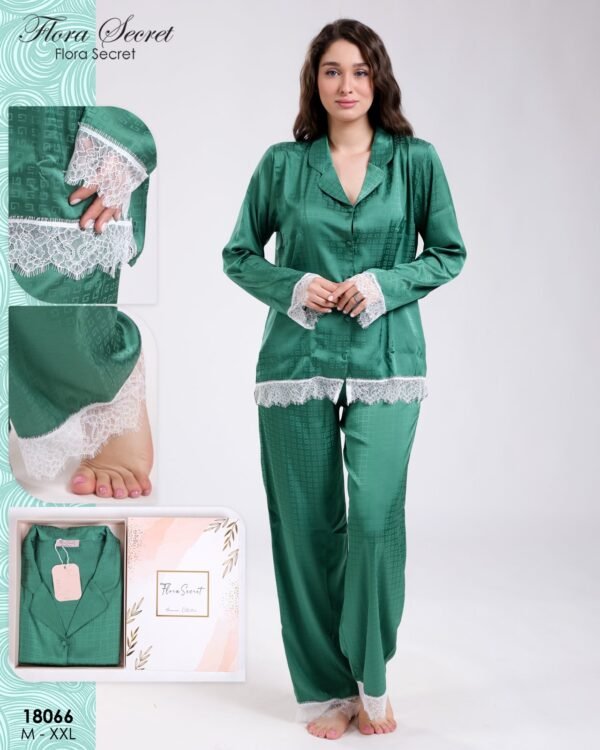 Flora Secret Pyjama satin jacquard dentelle en coffret – Réf 18066 – Vert émeraude