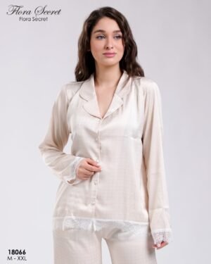 Flora Secret Pyjama satin jacquard dentelle en coffret – Réf 18066 – Écru