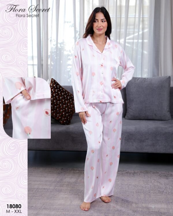 Flora Secret Pyjama satin chemise rayé pêches – Réf 18080 – Rose pâle
