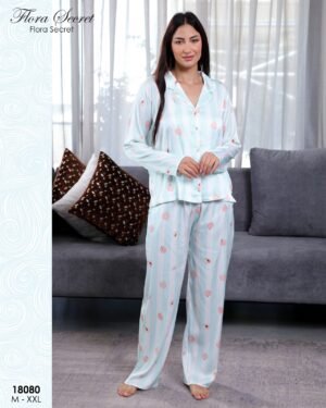Flora Secret Pyjama satin chemise rayé pêches – Réf 18080 – Vert d'eau