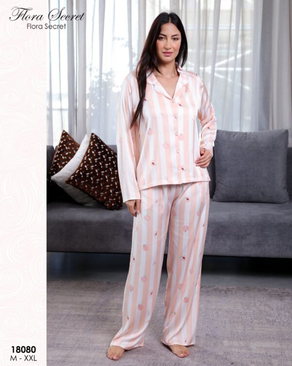 Flora Secret Pyjama satin chemise rayé pêches – Réf 18080 – Pêche