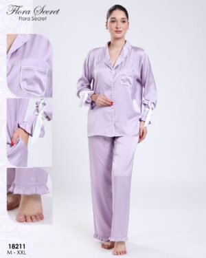Flora Secret Pyjama satin chemise nœuds – Réf 18211 – Lilas Flora Secret Pyjama satin chemise nœuds – Réf 18211 – Lilas