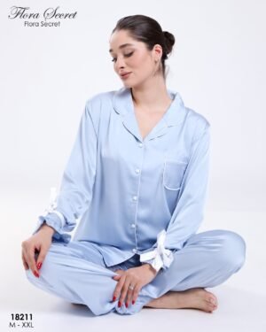 Flora Secret Pyjama satin chemise nœuds – Réf 18211 – Bleu ciel