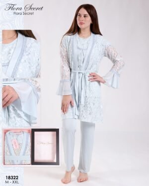 Flora Secret Ensemble pyjama et peignoir dentelle 3 pièces – Réf 18322 – Bleu ciel