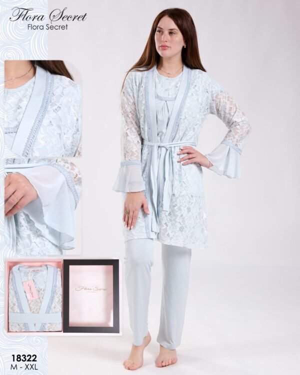 Flora Secret Ensemble pyjama et peignoir dentelle 3 pièces – Réf 18322 – Bleu ciel