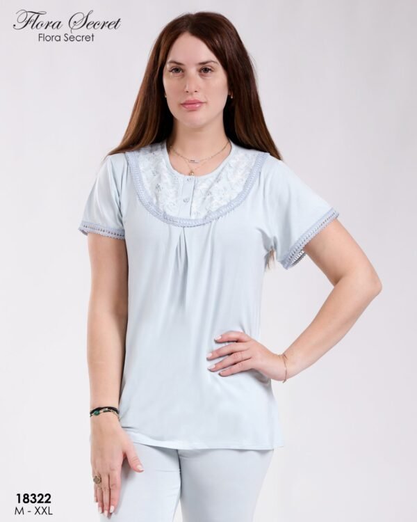 Flora Secret Ensemble pyjama et peignoir dentelle 3 pièces – Réf 18322 – Bleu clair