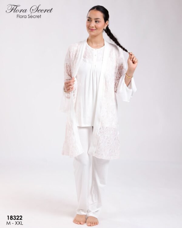 Flora Secret Ensemble pyjama et peignoir dentelle 3 pièces – Réf 18322 – Blanc cassé