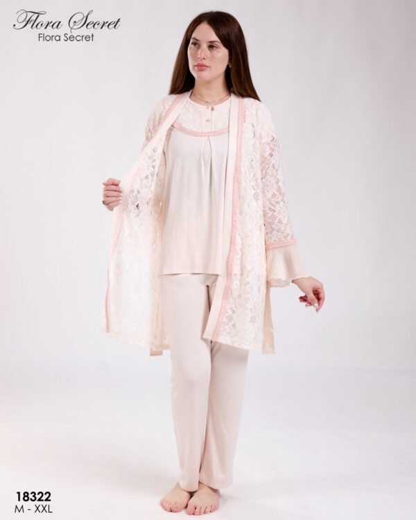 Flora Secret Ensemble pyjama et peignoir dentelle 3 pièces – Réf 18322 – Beige