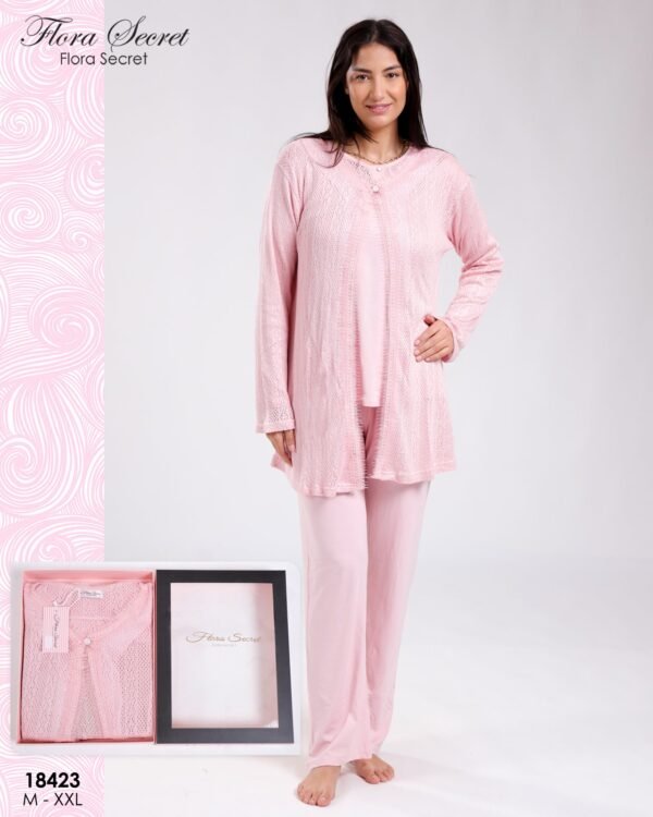 Flora Secret Ensemble pyjama et gilet ajouré 3 pièces – Réf 18423 – Rose