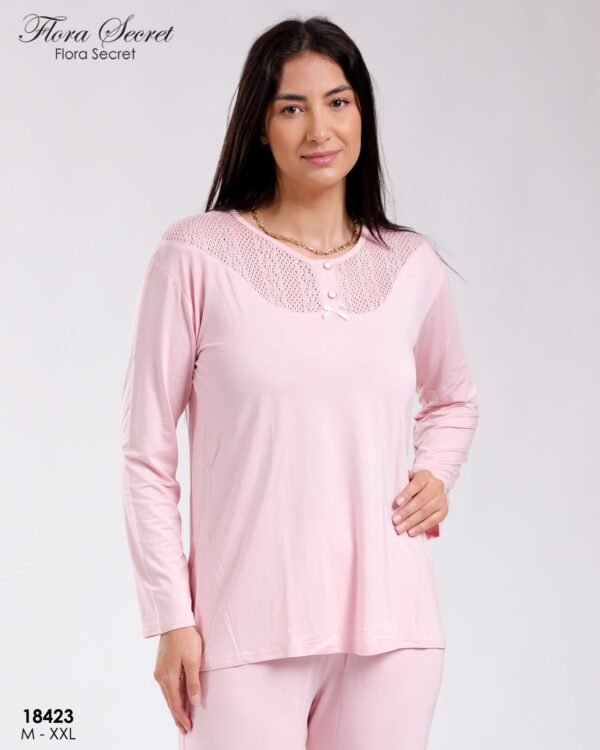Flora Secret Ensemble pyjama et gilet ajouré 3 pièces – Réf 18423 – Rose clair