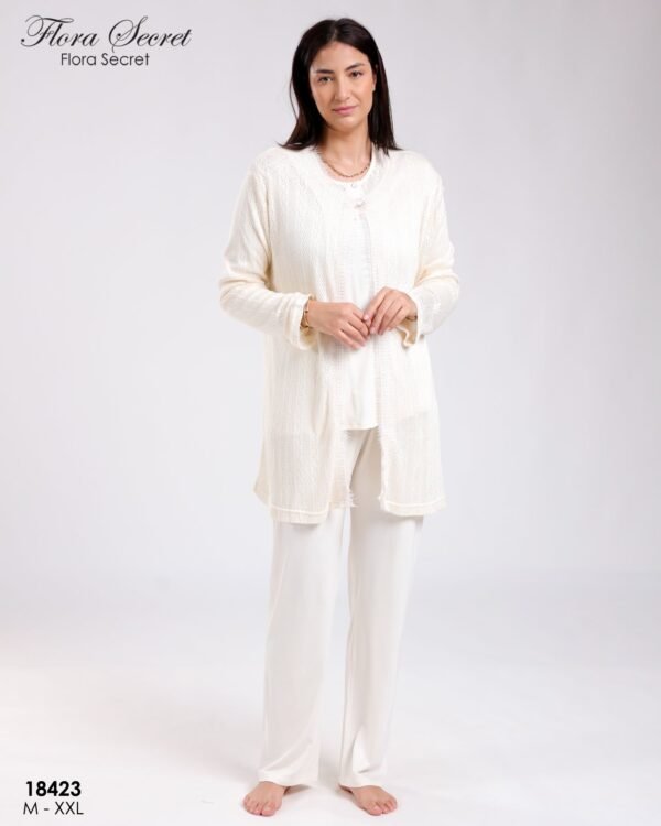 Flora Secret Ensemble pyjama et gilet ajouré 3 pièces – Réf 18423 – Écru
