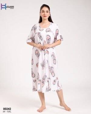 Hawanem Chemise de nuit – Réf 00242 – Blanc motif rose