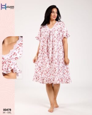 Hawanem Chemise de nuit – Réf 00478 – Blanc fleurs rouges