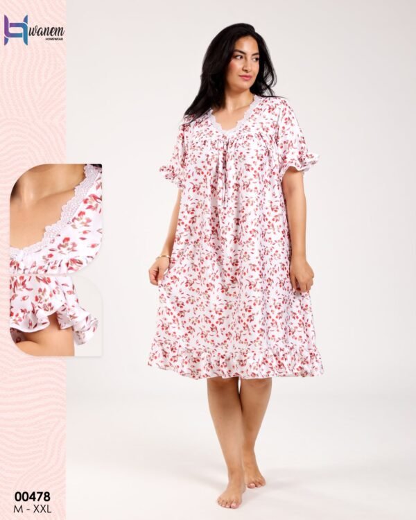 Hawanem Chemise de nuit – Réf 00478 – Blanc fleurs rouges