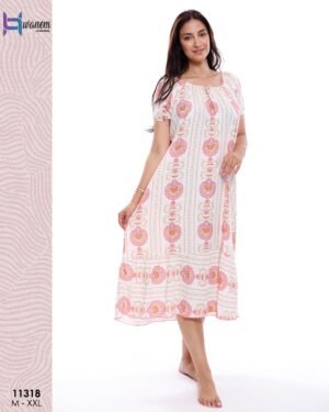 Hawanem Chemise de nuit – Réf 11318 – Blanc motif rose