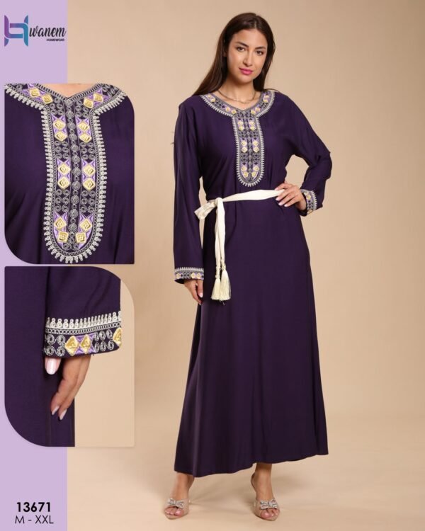 Hawanem Caftan brodé avec ceinture – Réf 13671 – Violet
