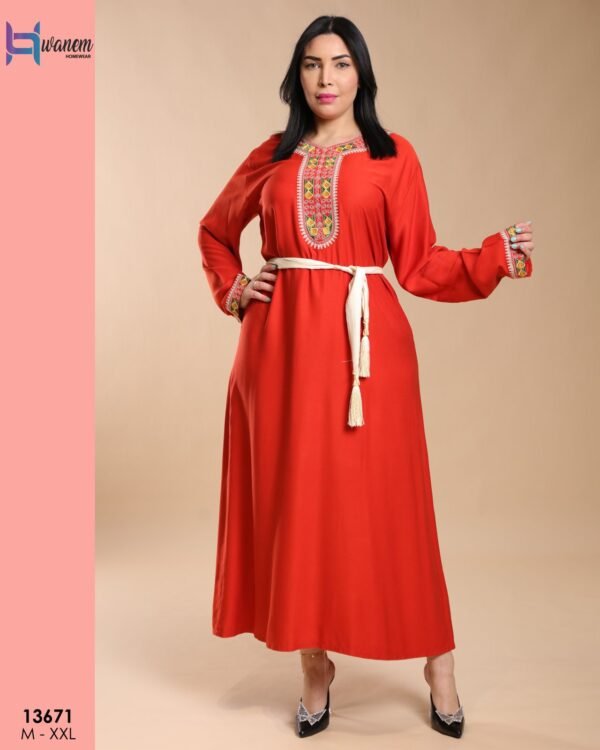 Hawanem Caftan brodé avec ceinture – Réf 13671 – Rouge