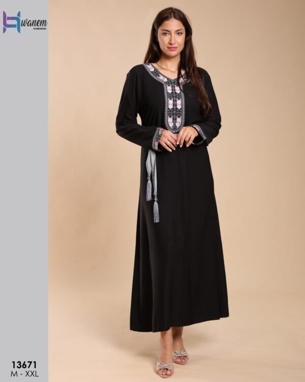 Hawanem Caftan brodé avec ceinture – Réf 13671 – Noir