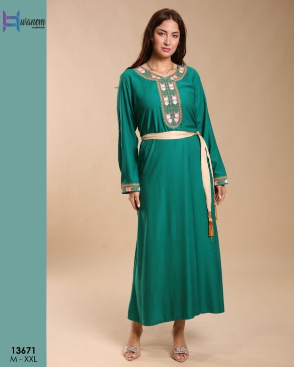 Hawanem Caftan brodé avec ceinture – Réf 13671 – Vert