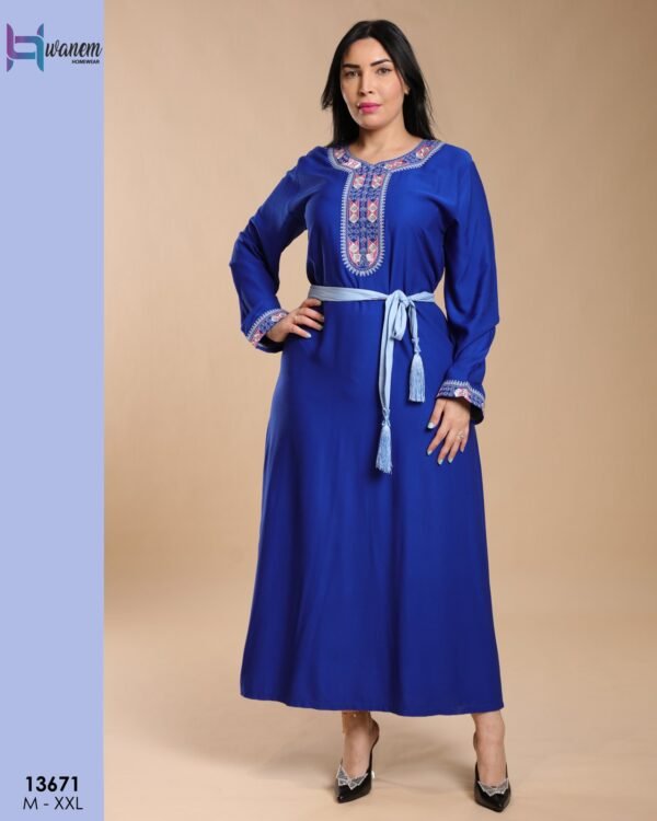 Hawanem Caftan brodé avec ceinture – Réf 13671 – Bleu roi