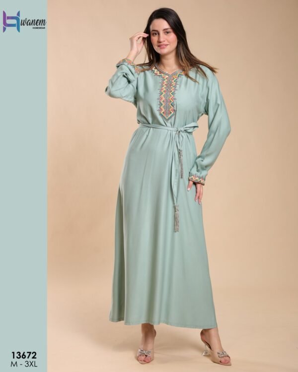 Hawanem Caftan brodé avec ceinture – Réf 13672 – Vert d'eau