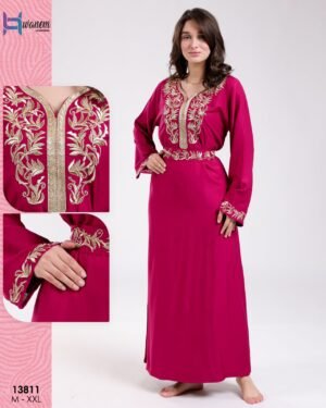 Hawanem Caftan brodé avec ceinture – Réf 13811 – Fuchsia