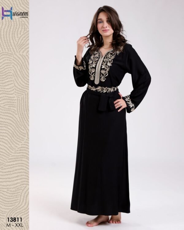 Hawanem Caftan brodé avec ceinture – Réf 13811 – Noir