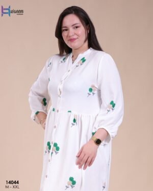 Hawanem Robe d'intérieur longue brodée – Réf 14044 – Blanc fleurs vertes