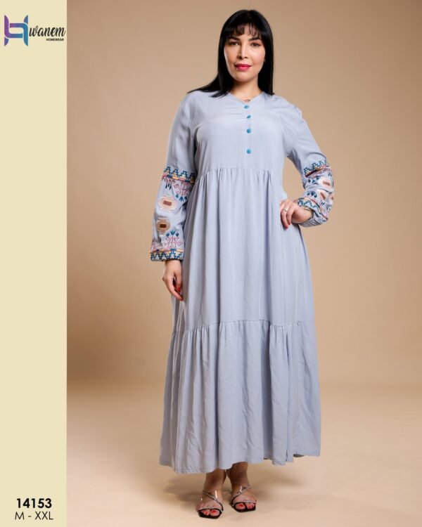 Hawanem Robe longue brodée – Réf 14153 – Gris bleu
